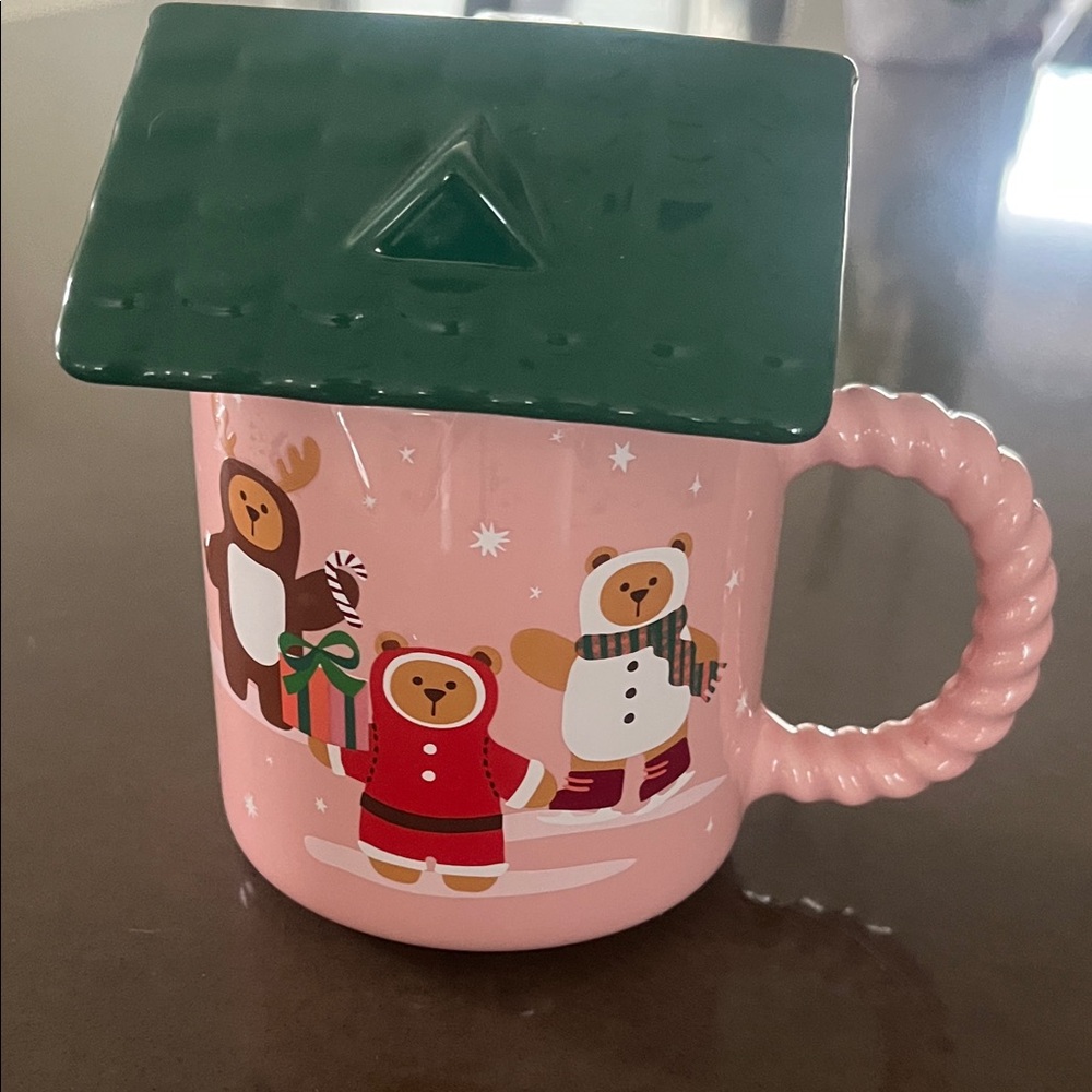 Starbucks 2025 Pink Holiday Gingerbread Mug with Green Roof Lid